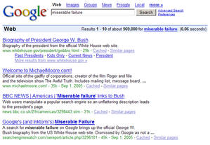 A screen shot of the results of searching for Miserable failure on Google