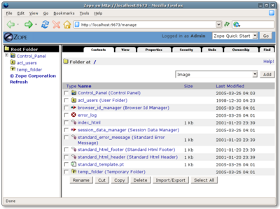 Zope management interface in a web browser window.